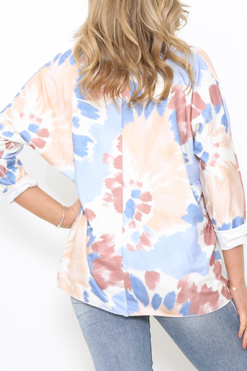 Ladies Tie Dye Watercolour Print Top Pastel Pink/Blue