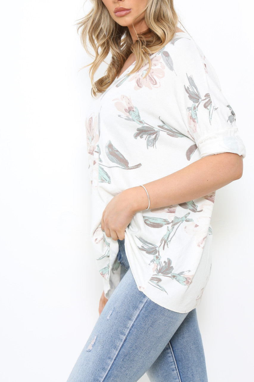 Ladies Faded Flower Print Fine Knit Jumper Top White