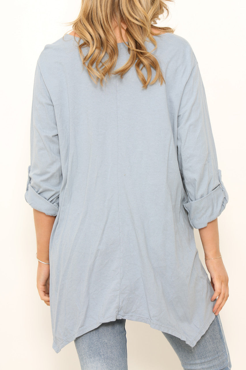 Ladies Plain Roll Up Sleeve T-Shirt Style Top Denim