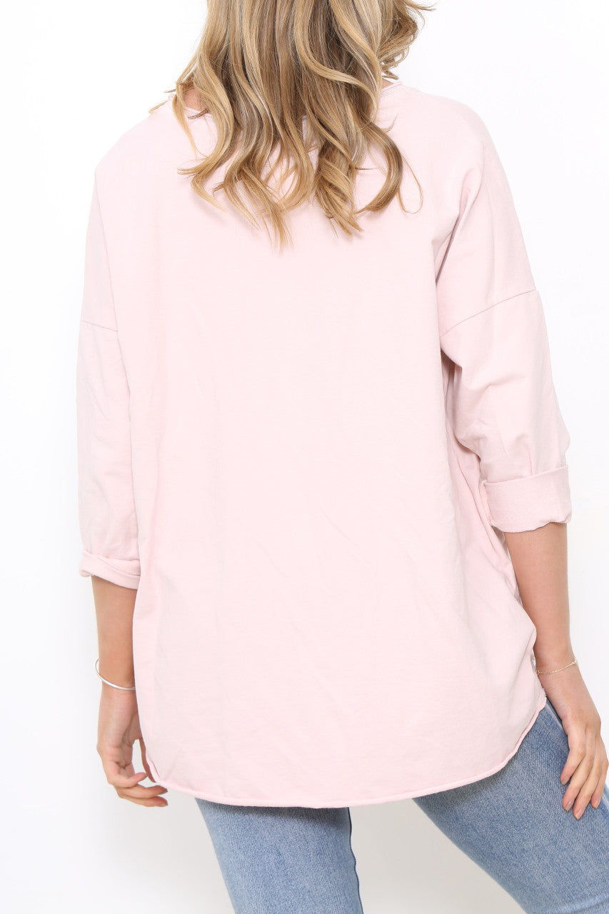Ladies Frayed Hem Detail Sweatshirt Top Dusty Pink