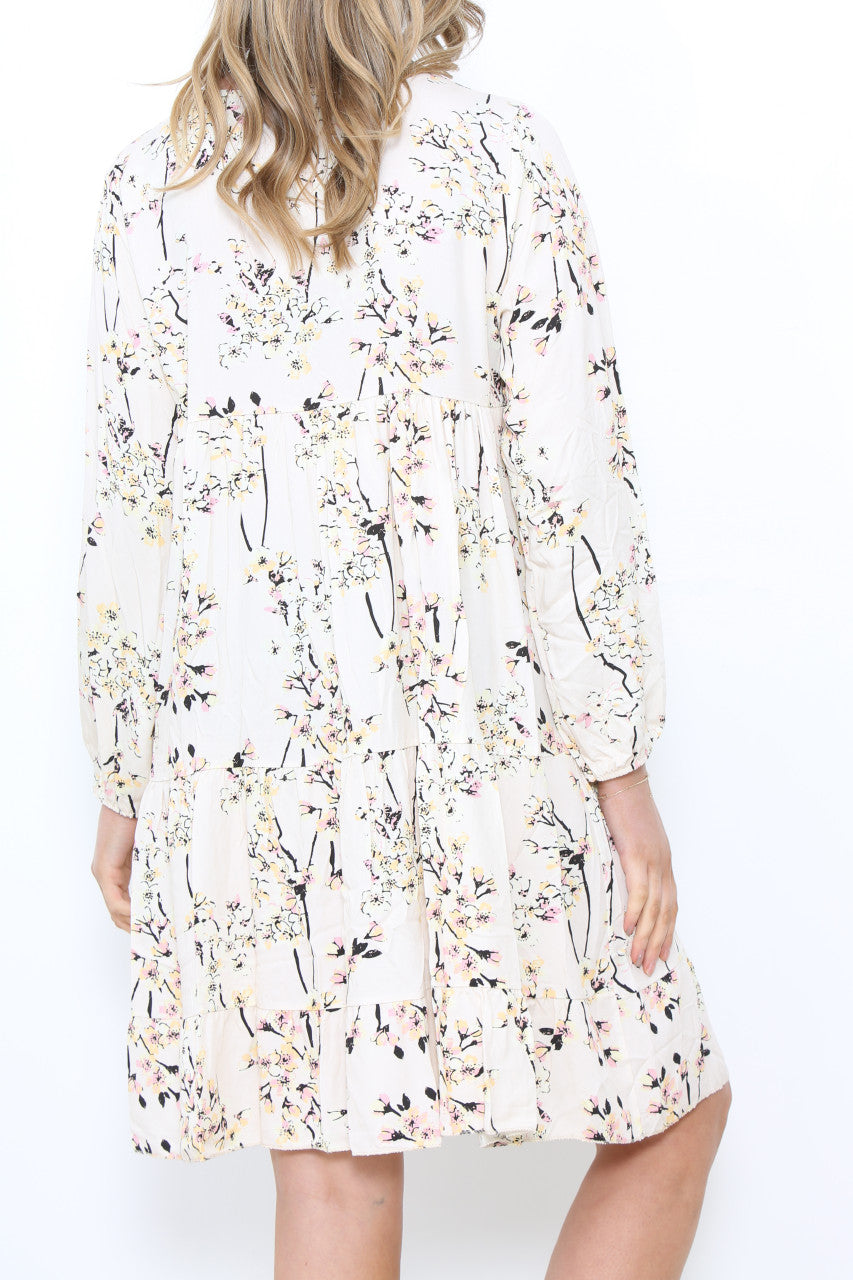 Ladies Blossom Flower Print Tunic Dress White
