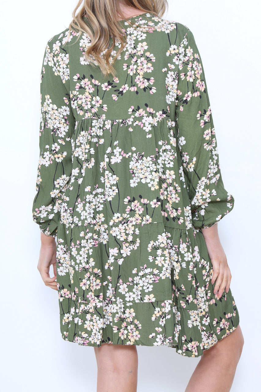 Ladies Blossom Flower Print Tunic Dress Khaki