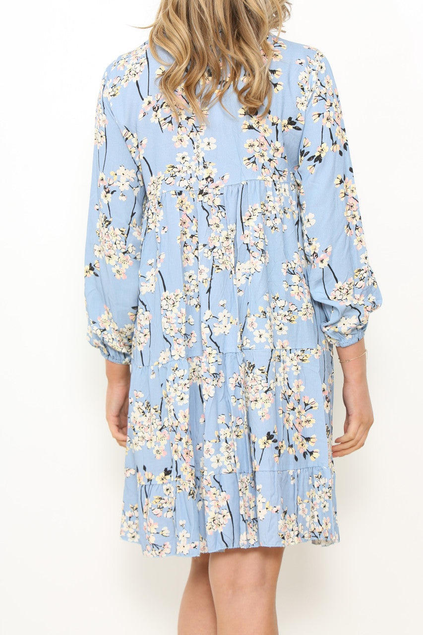 Ladies Blossom Flower Print Tunic Dress Light Blue