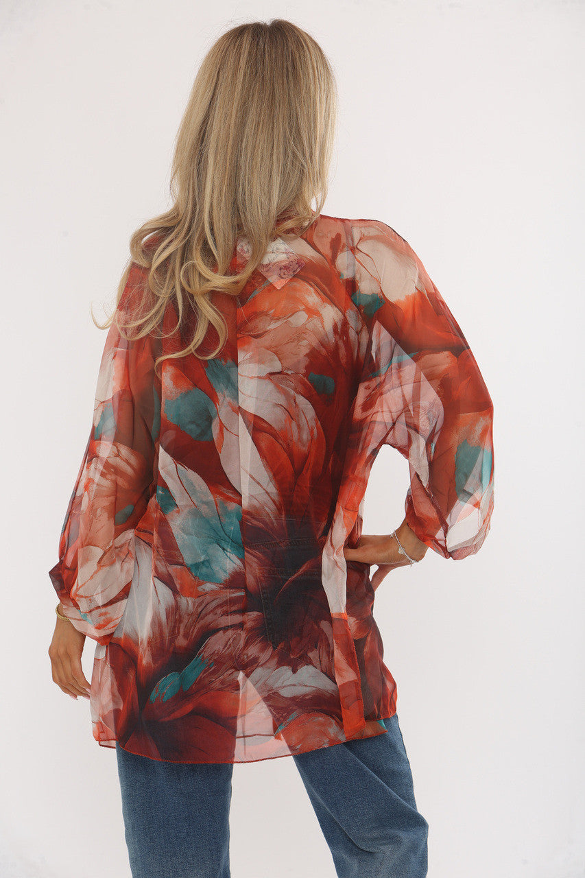 ABSTRACT LEAVES PRINT FLOATY BLOUSE WITH VEST - RUST
