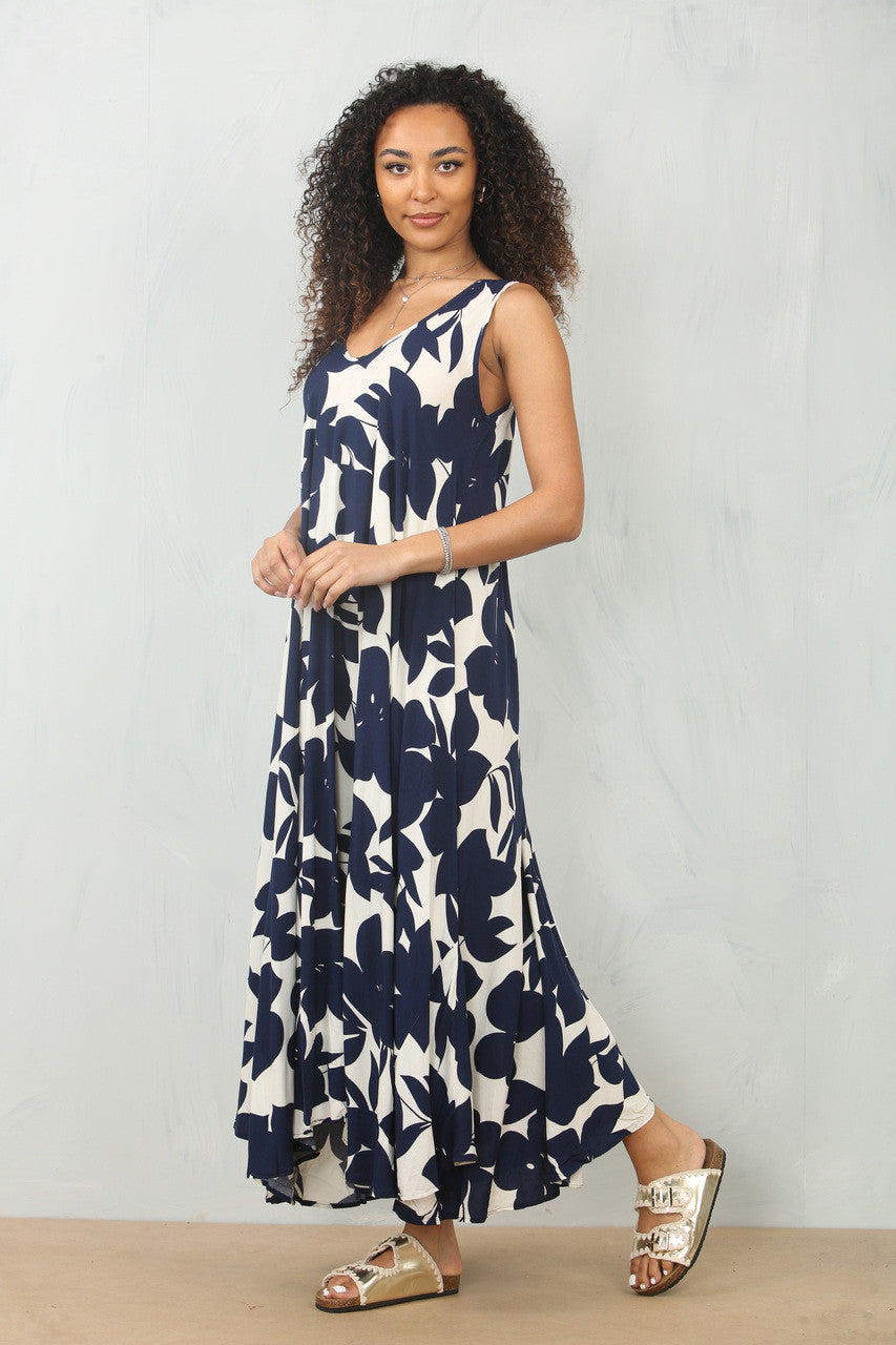 BLOEIMPATROON SILHOUET PRINT MOUWLOZE MAXI JURK - NAVY