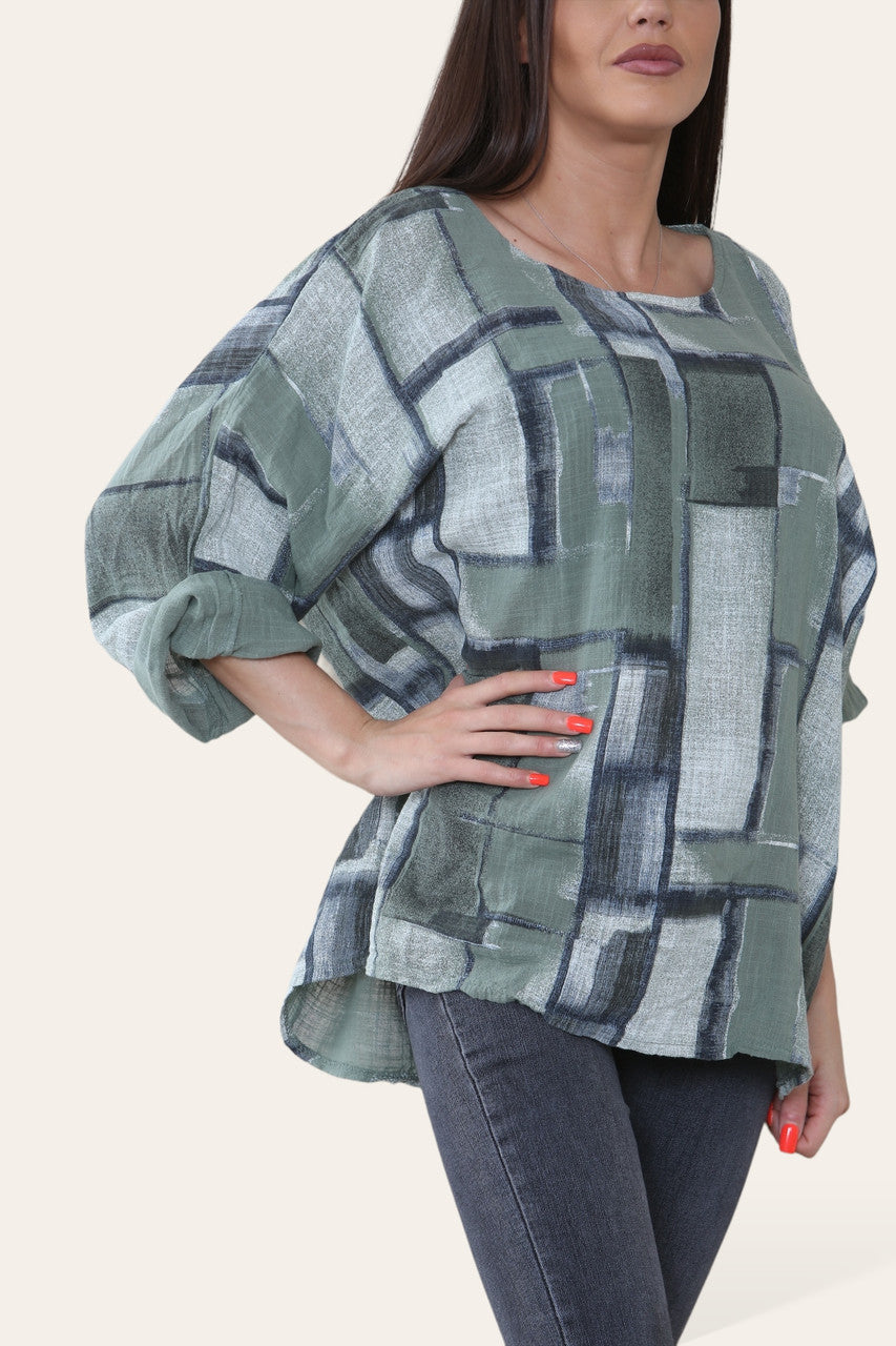 VIERKANTE GEOMETRISCHE VORMEN PRINT TOP KAKI