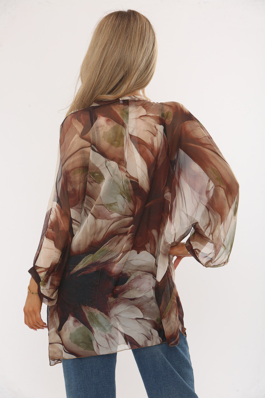 ABSTRACT LEAVES PRINT FLOATY BLOUSE WITH VEST - BROWN