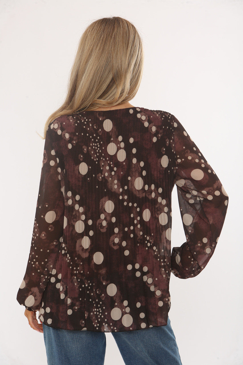 ABSTRACTE GEPLOOIDE BLOUSE MET POLKADOTPRINT BRUIN