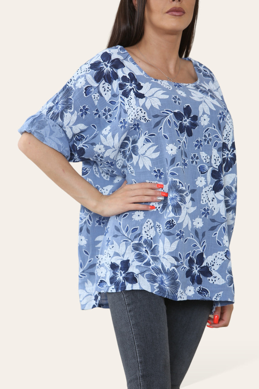 BLOEMENMIX PRINT TOP DENIM