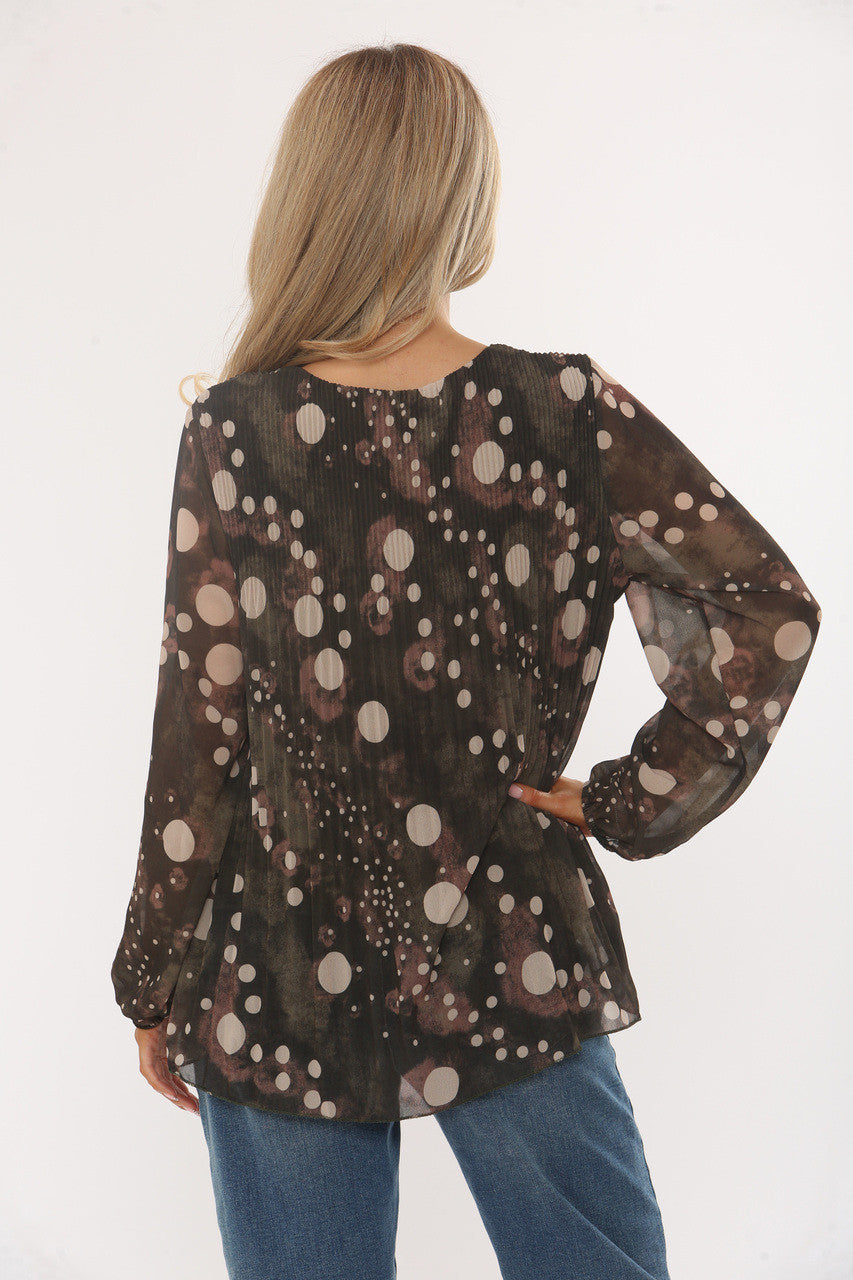 ABSTRACTE BLOUSE MET PLOOIEN EN POLKAPUNTJES KHAKI