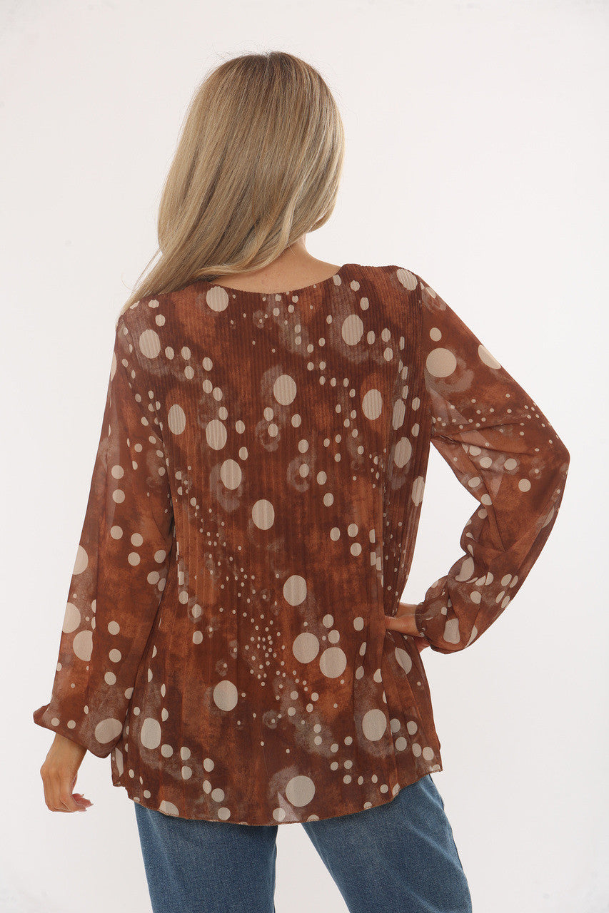 ABSTRACT POLKA DOT PRINT PLEATED BLOUSE RUST