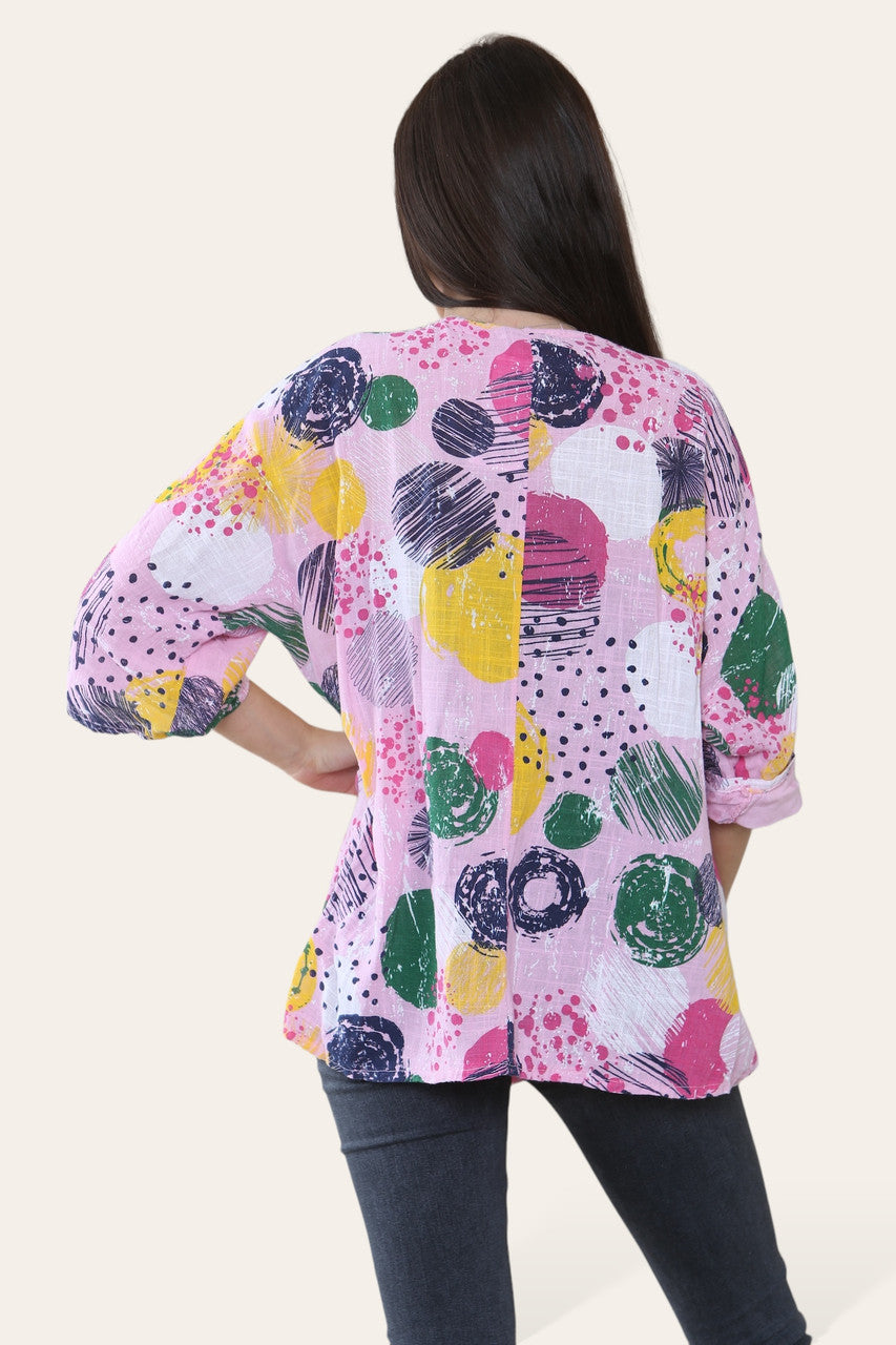 RONDE STEMPELS VERFSPAT PRINT TOP ROZE