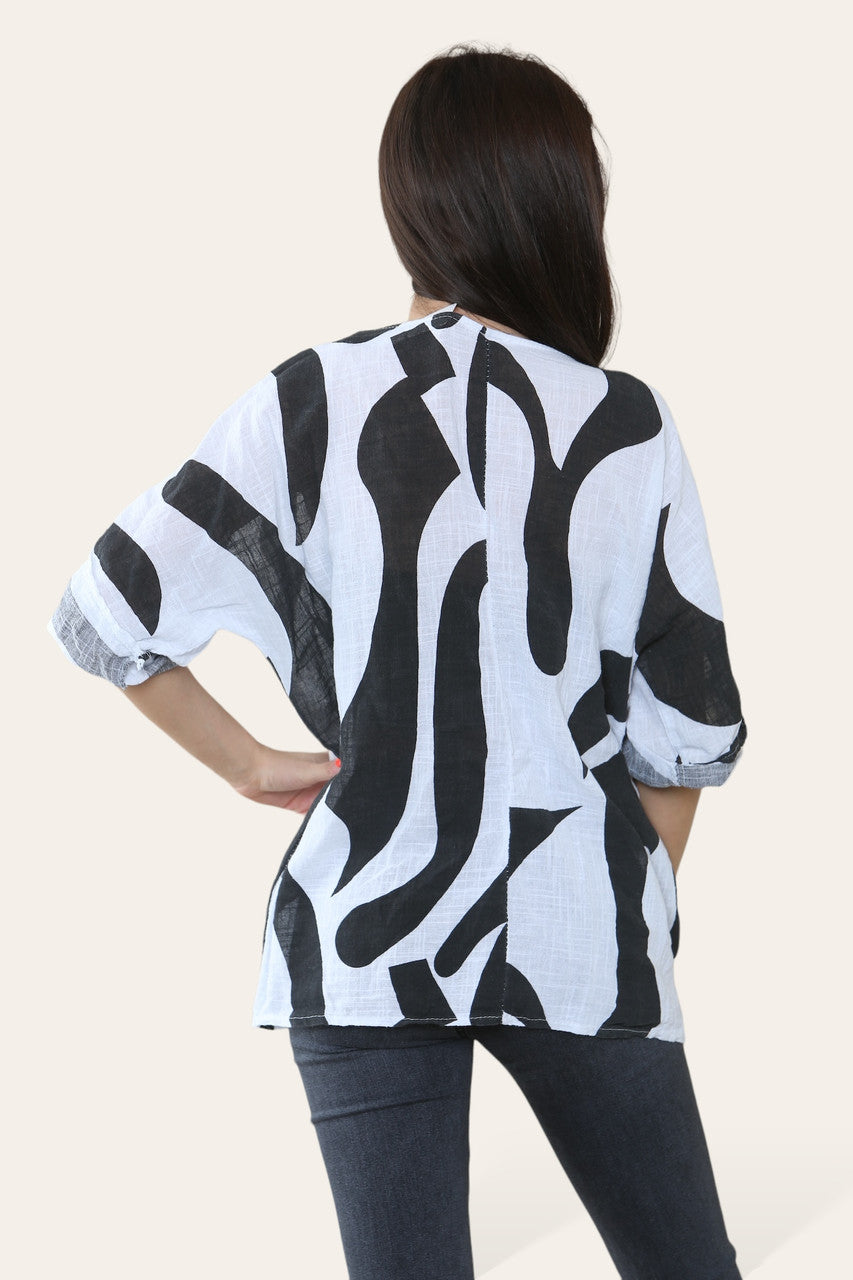 TOP MET PRINT VAN ABSTRACTE VORMEN ZWART