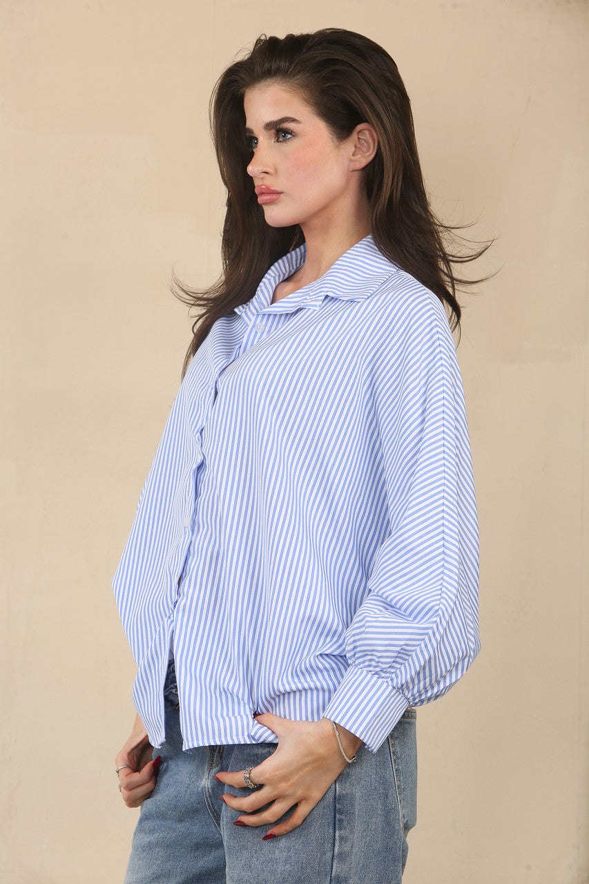 STRIPE BATWING BLOUSE SHIRT - DENIM
