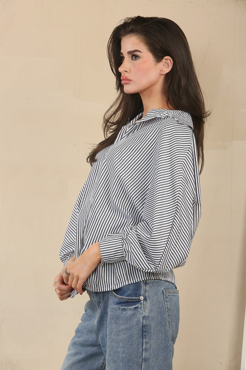 STRIPE BATWING BLOUSE SHIRT - ZWART