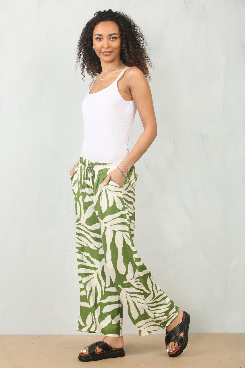 BROEK MET BLADERENPRINT - OLIJFGROEN