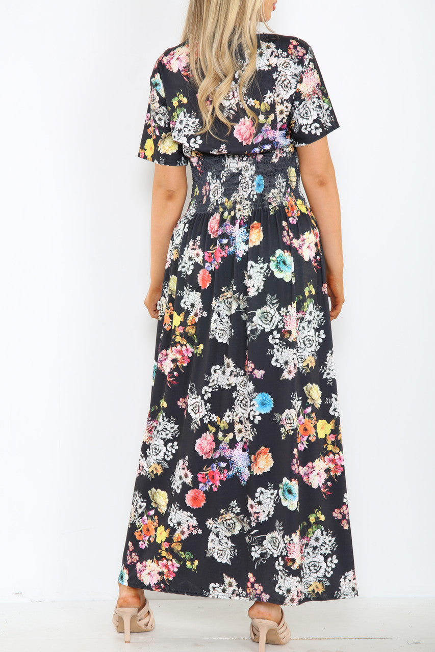 Ladies Floral Mix Print Maxi Dress Black