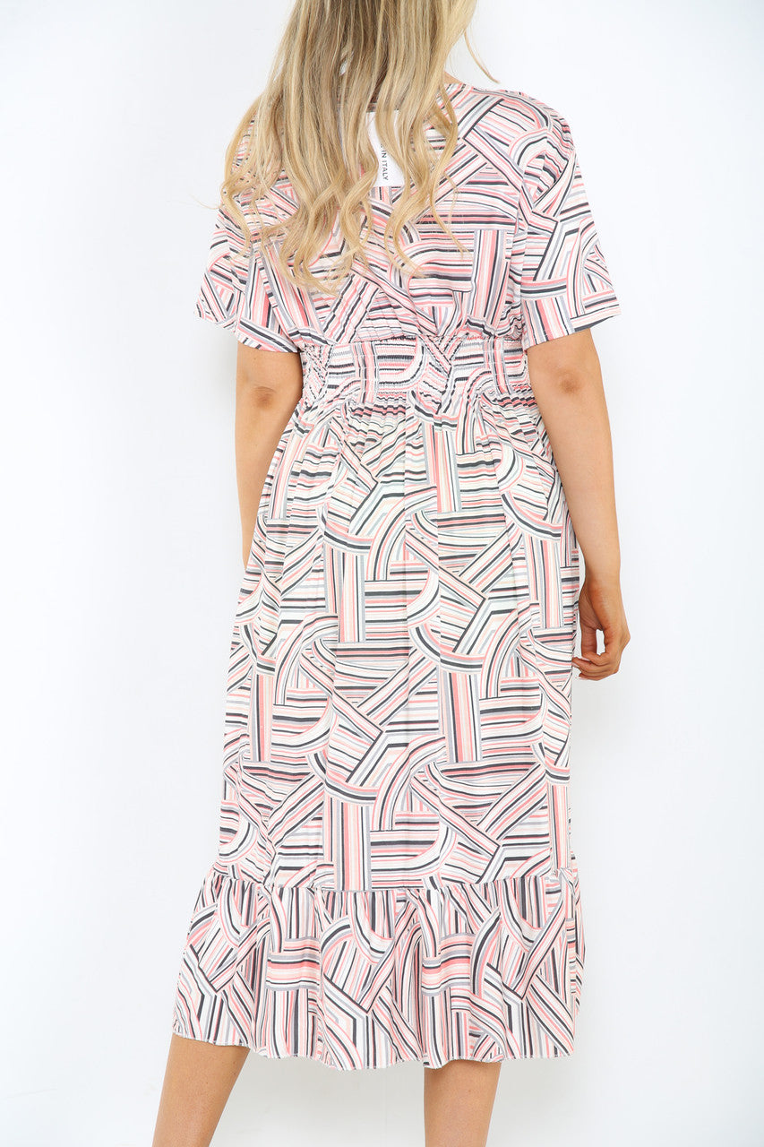 Ladies Lines Print Midi Dress Pink