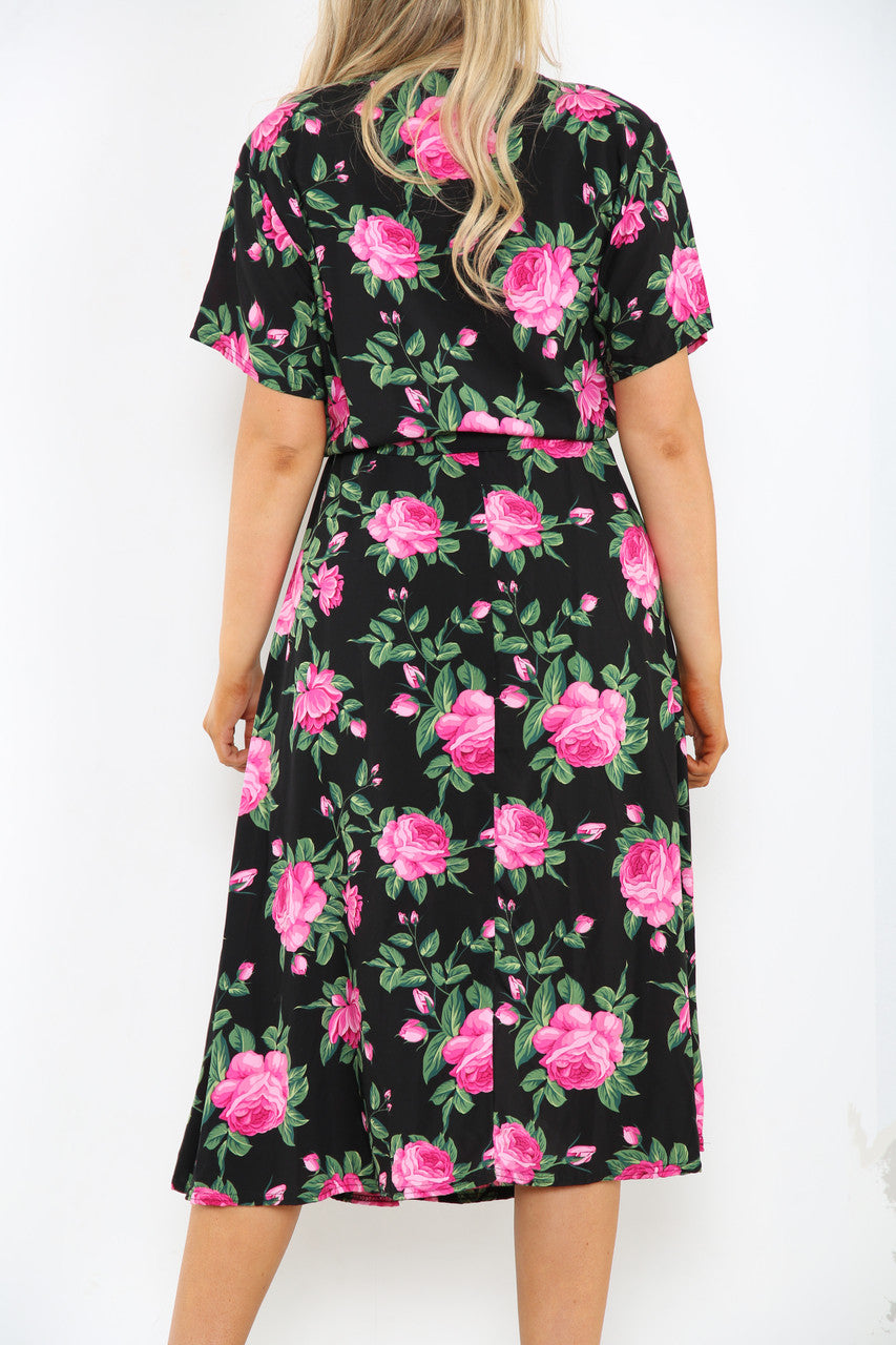 Ladies Elasticated Waist Belt Style Rose Print Dress Black
