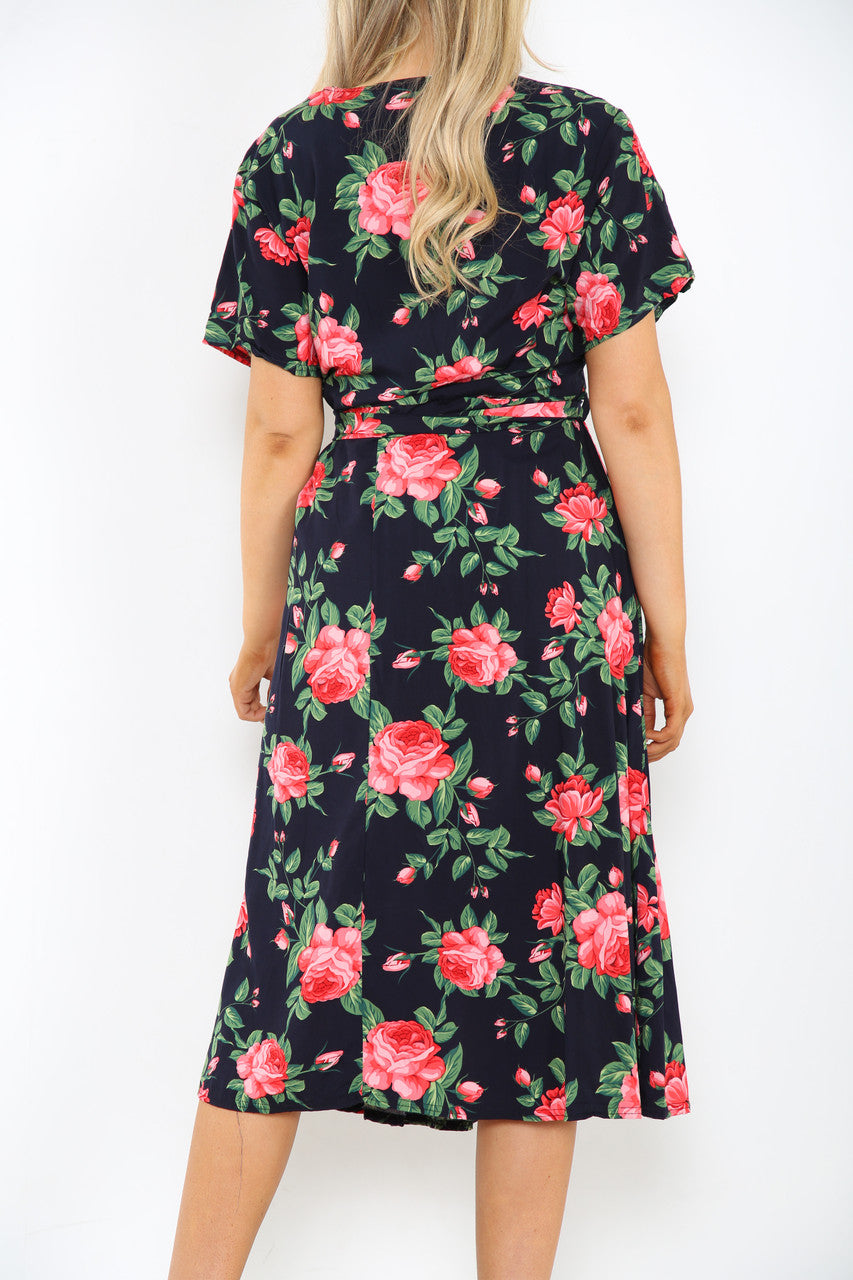 Dames Elastische Taille Riem Stijl Rozenprint Jurk Marine