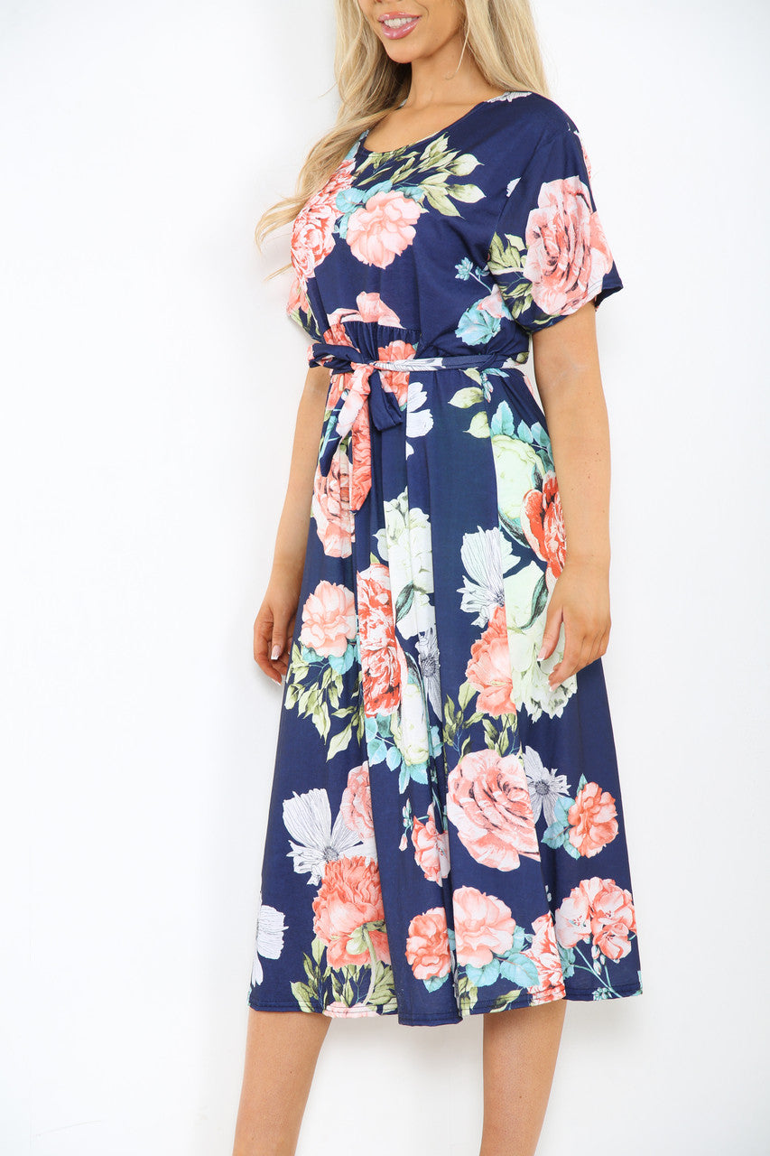 Ladies Peony Mix Floral Print Midi Dress Navy