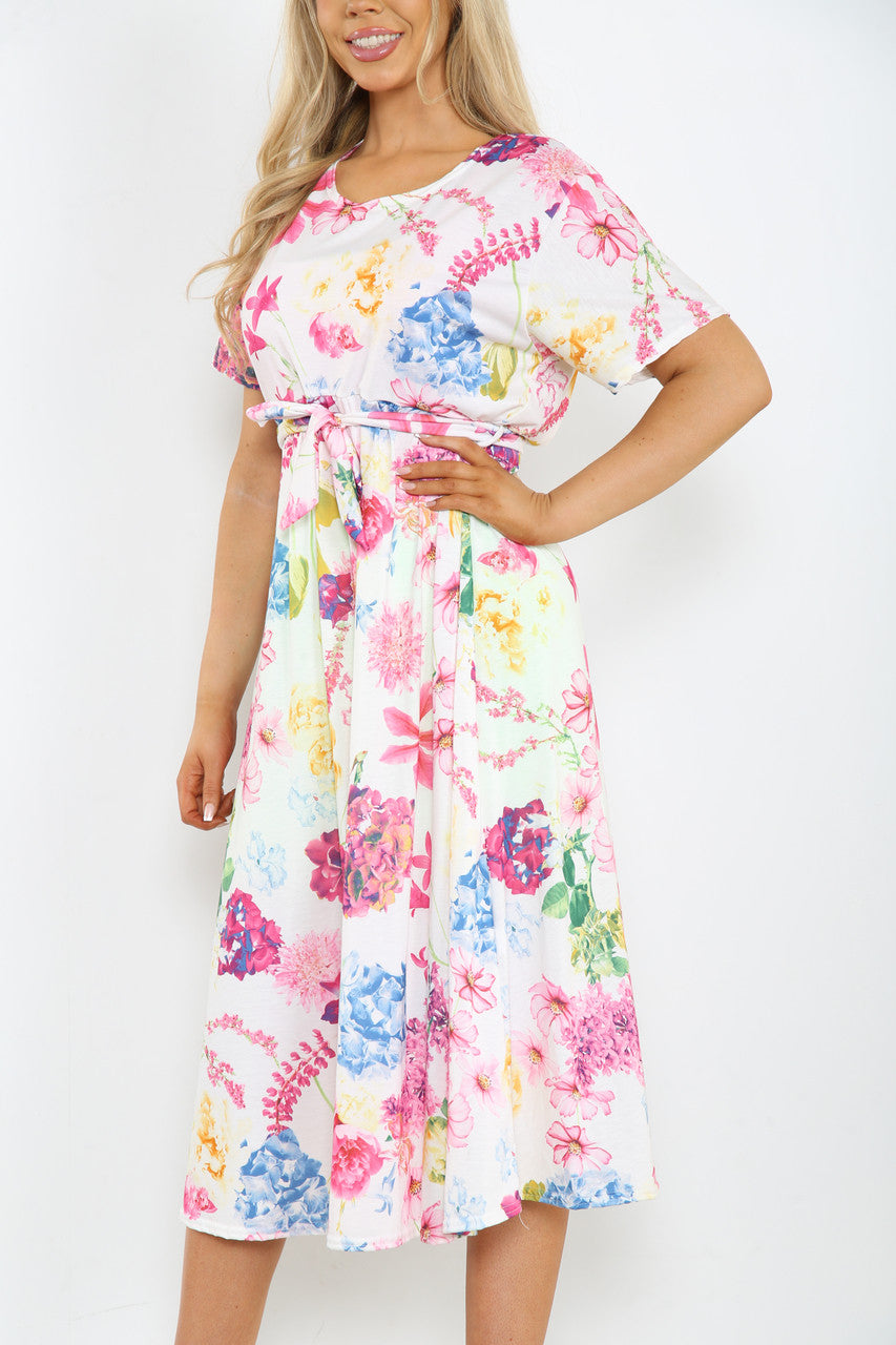 Ladies Bright Floral Mix Print Midi Dress White