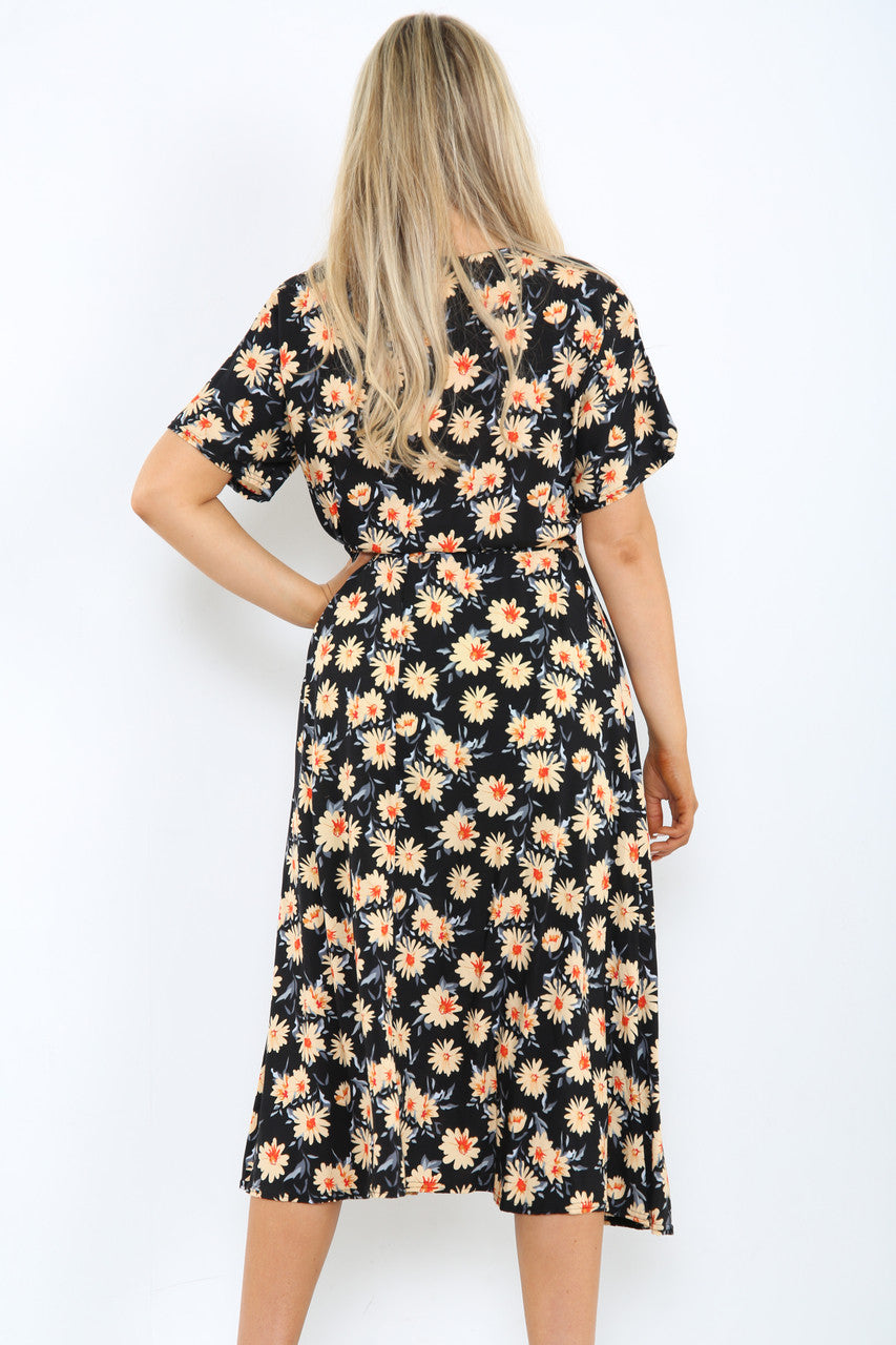 Ladies Elasticated Waist Belt Style Daisy Print Dress Black