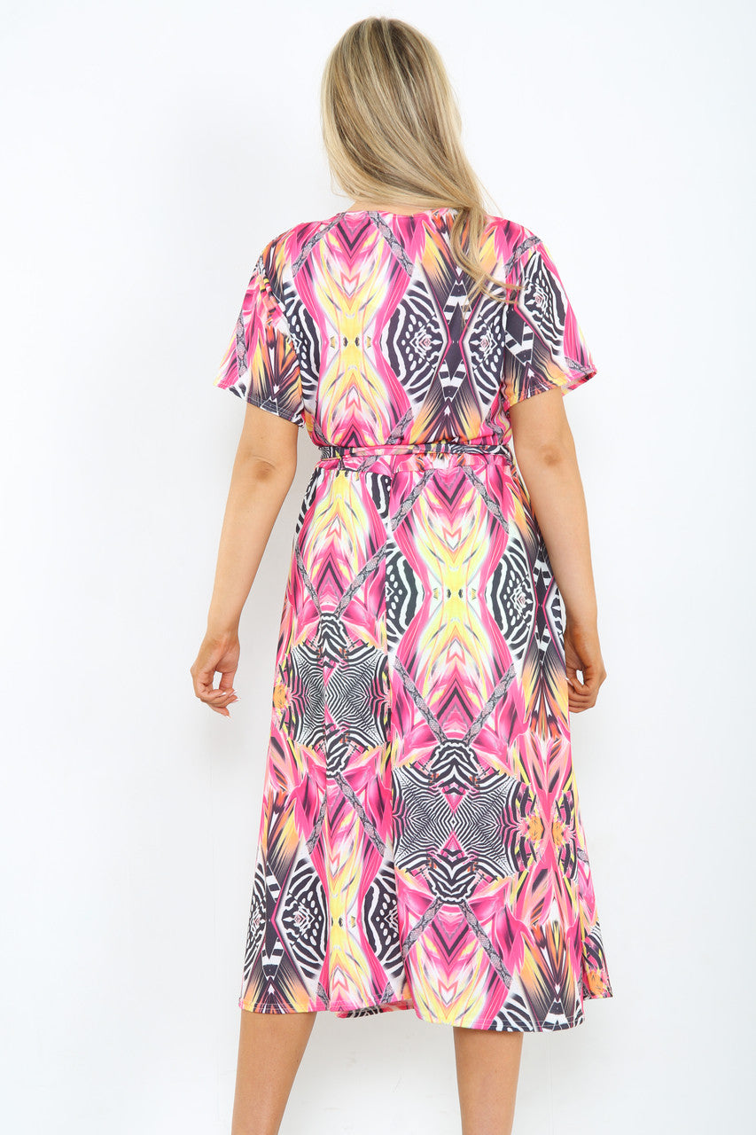Ladies Abstract Mix Print Midi Dress Cerise
