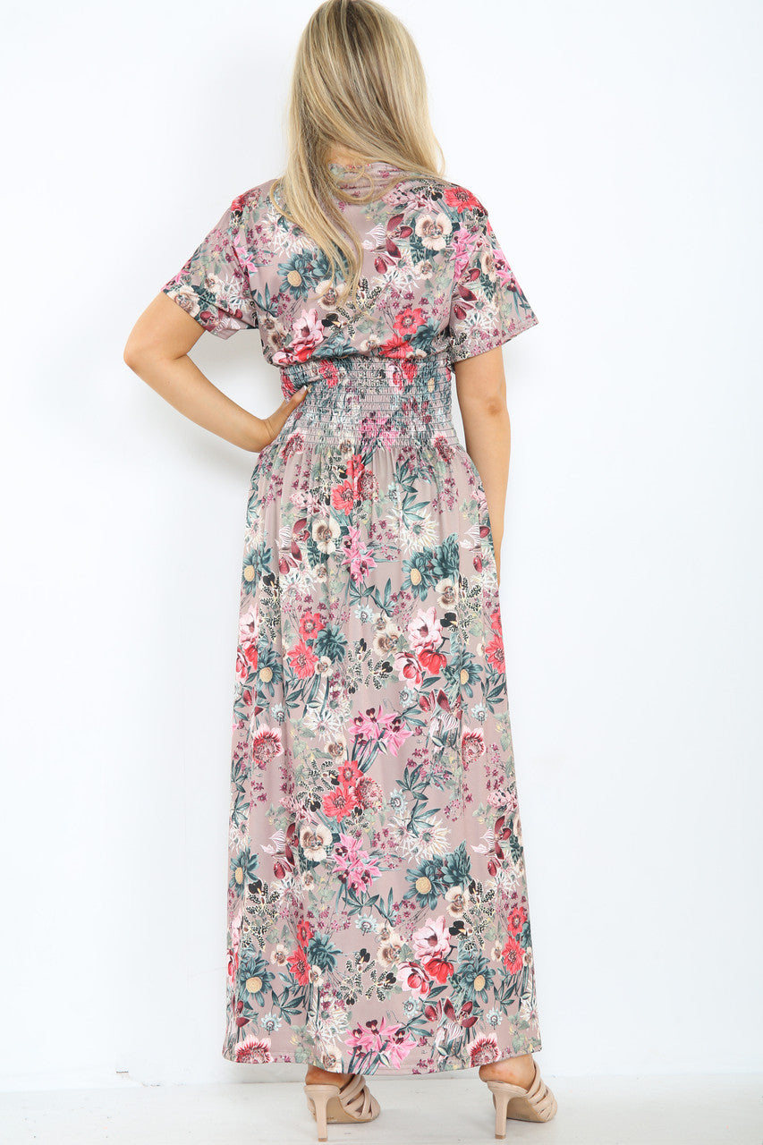 Ladies Floral Mix Print Maxi Dress Blush Pink