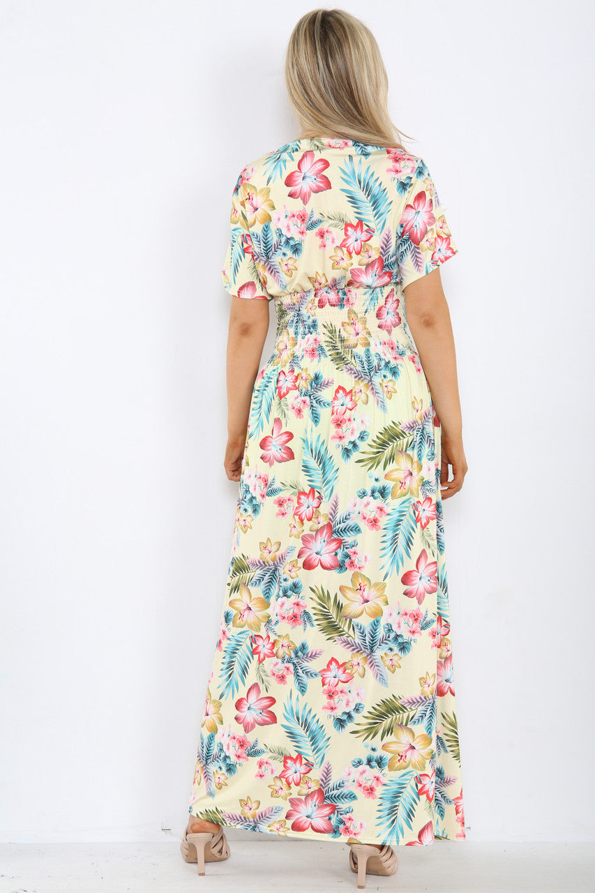 Ladies Tropical Leaf Floral Print Maxi Dress Lemon