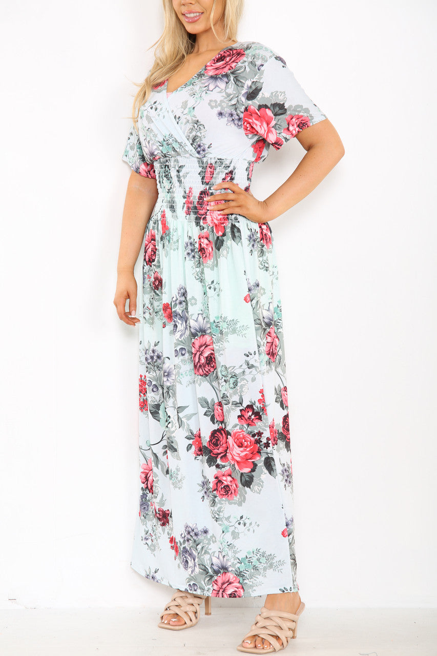 Ladies Floral Peony Mix Print Maxi Dress Sky Blue