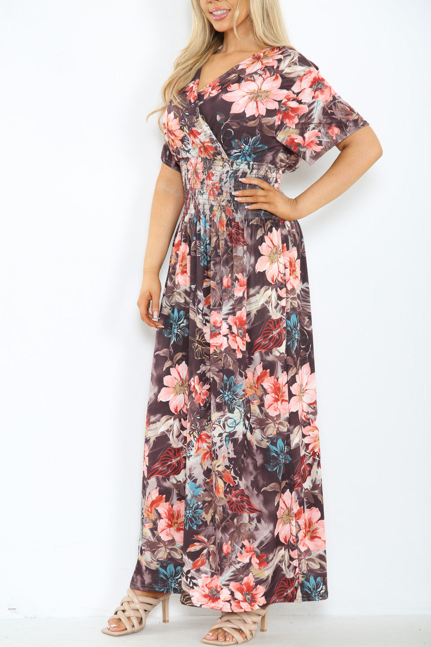 Ladies Floral Mix Print Maxi Dress Brown