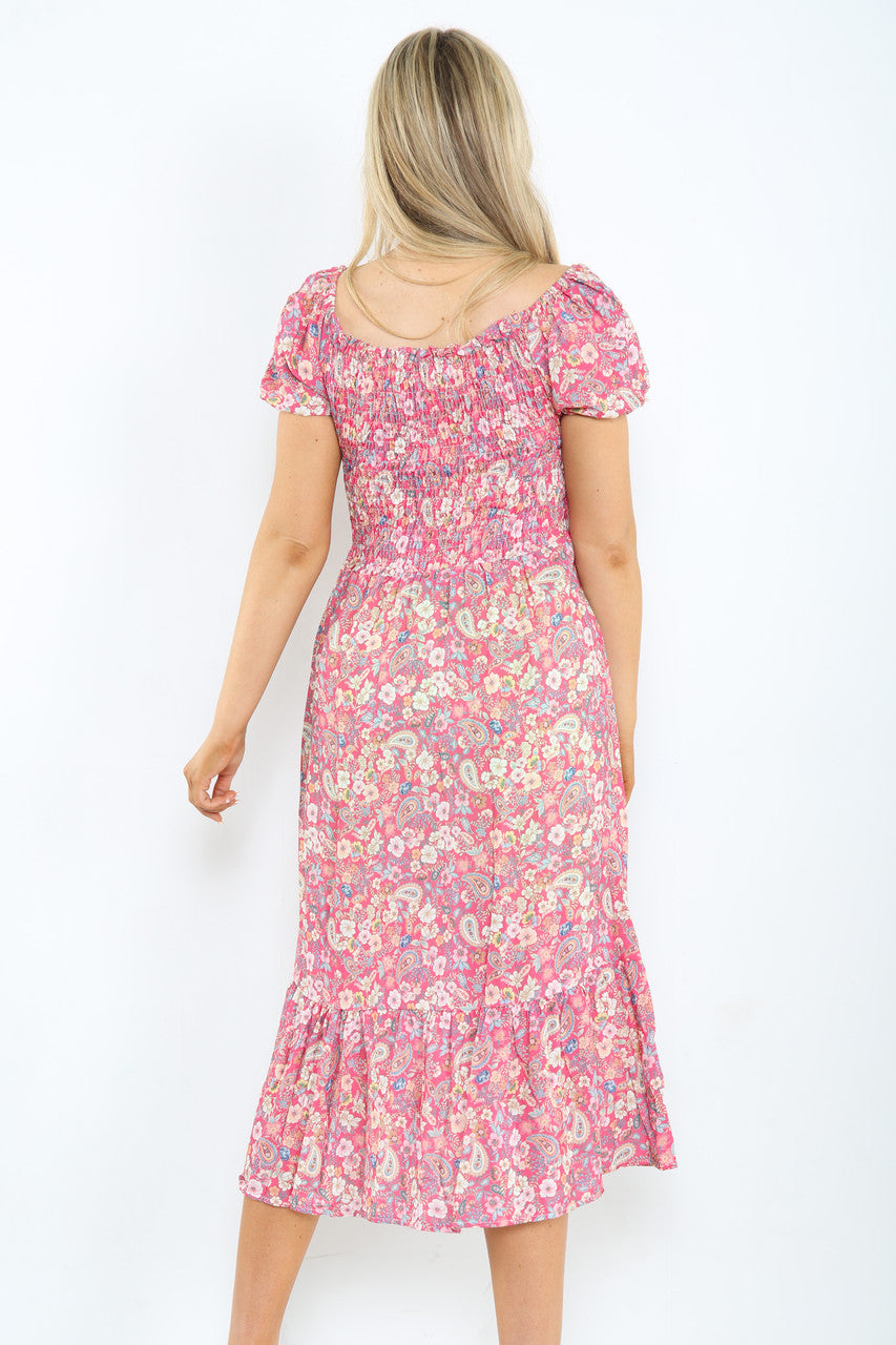 Ladies Gypsy Ditsy Floral Print Midi Dress Cerise