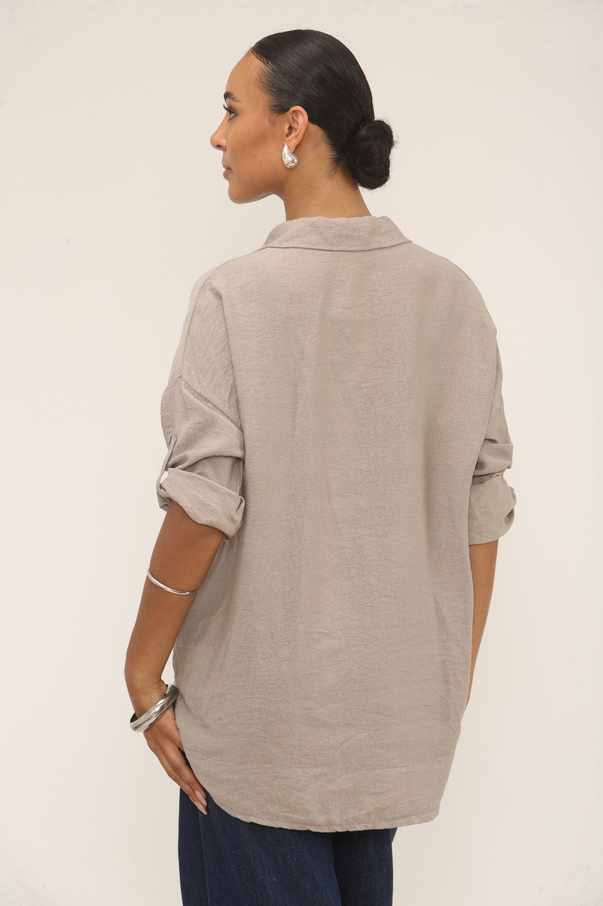 DIAMANTE LEOPARD SHOULDER BUTTON-UP BLOUSE - TAUPE