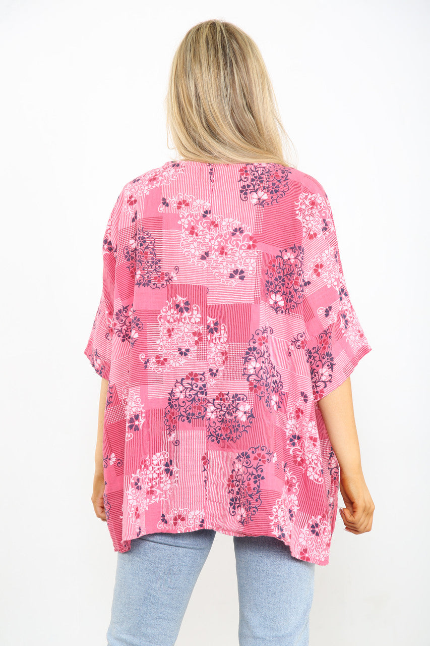 FLORAL WALLPAPER PRINT TOP CERISE