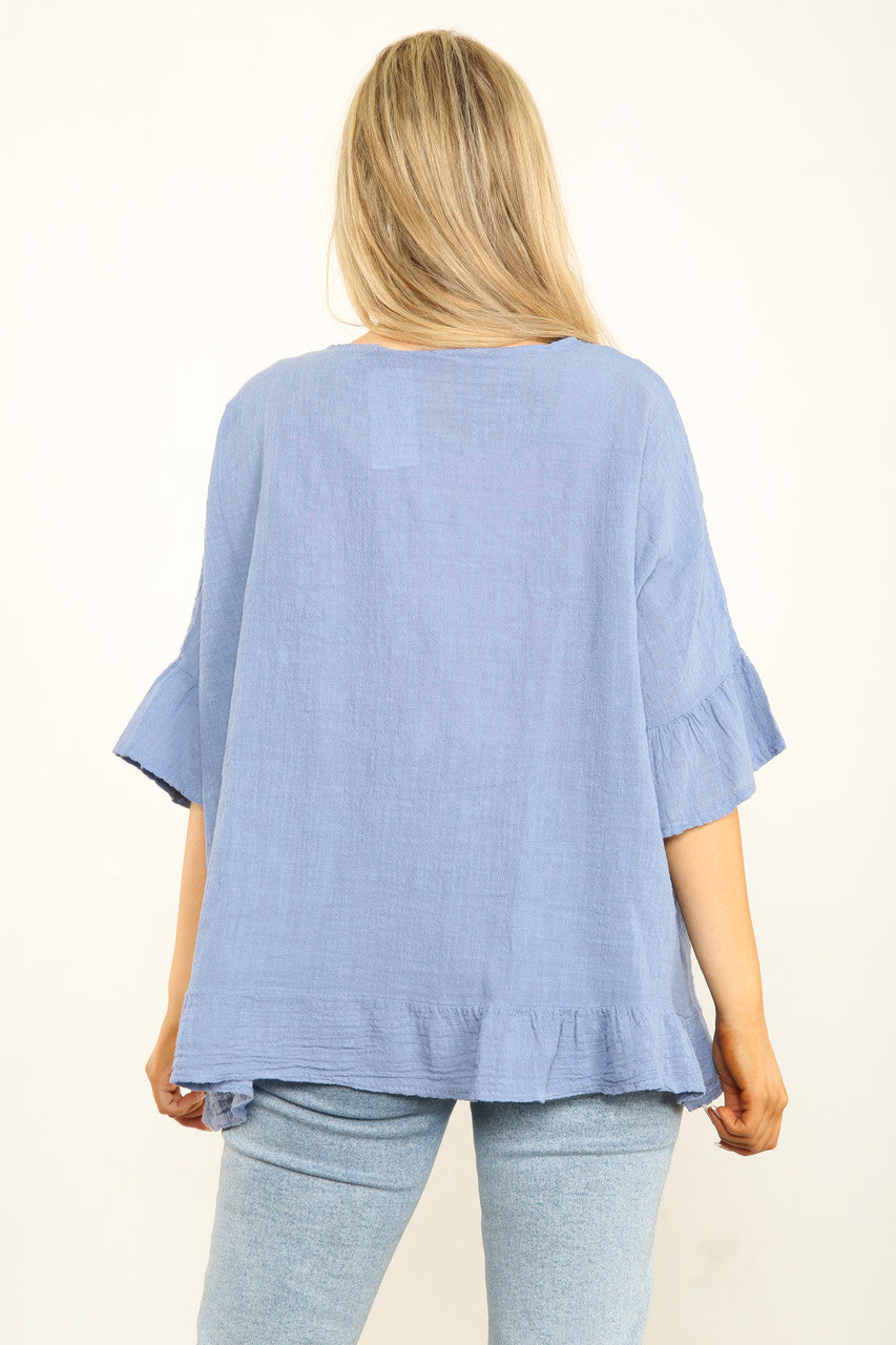 Ladies Frill Sleeve & Hem Plain Top Denim