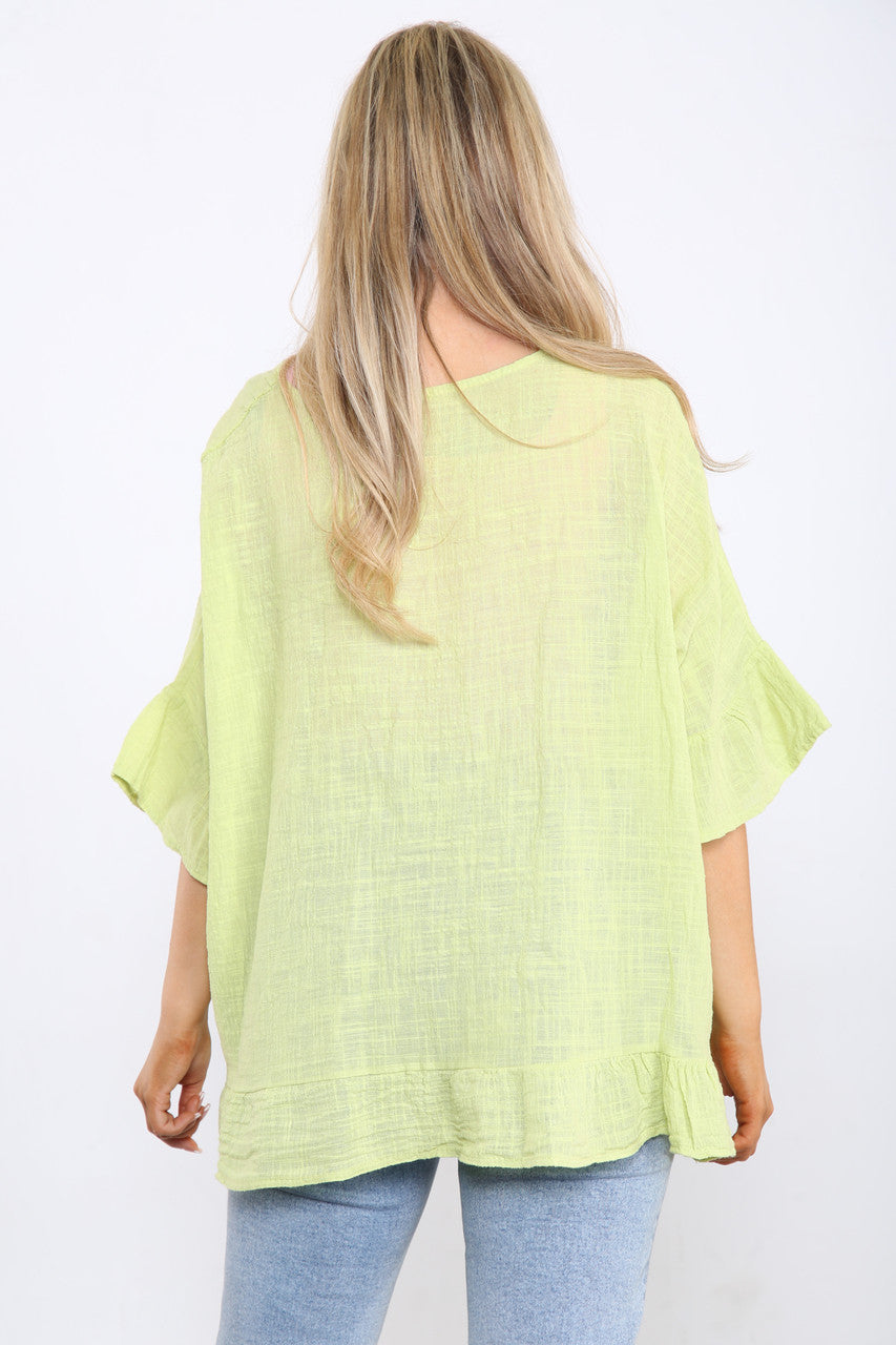 Ladies Frill Sleeve & Hem Plain Top Lime
