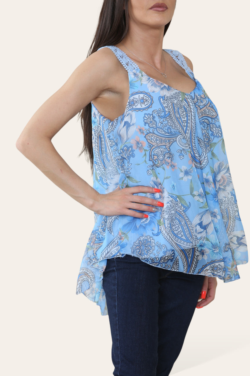 FLORAL PAISLEY PRINT SLEEVELESS BLOUSE TOP LIGHT BLUE