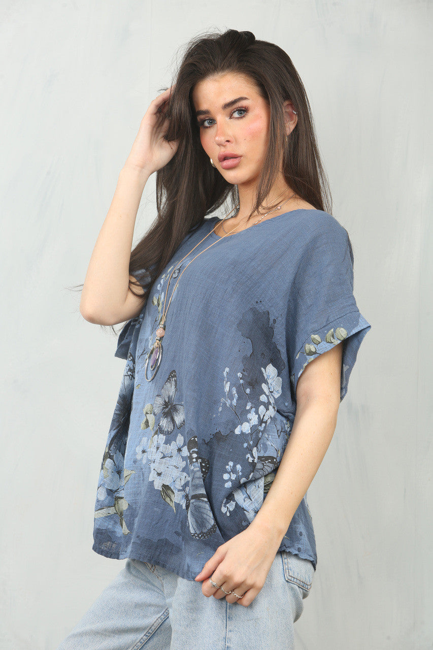 TOP MET VLINDERBOORDPRINT - DENIM