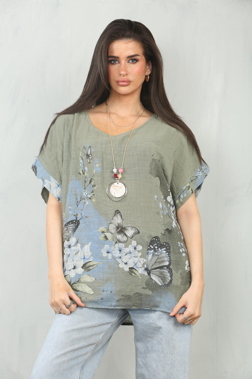 TOP MET VLINDERBOORDPRINT - KHAKI