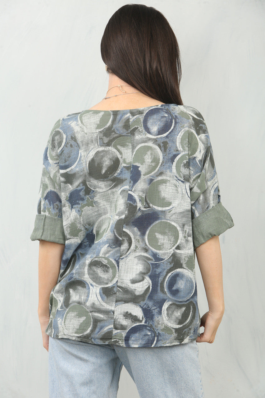 TOP MET RONDJES EN BUBBELS PRINT - KHAKI