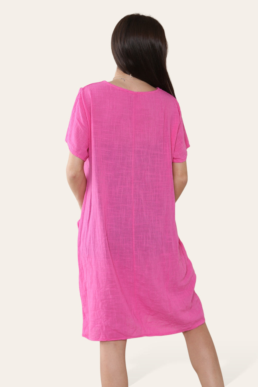 PLAIN TUNIC DRESS WITH POCKETS & NECKLACE CERISE
