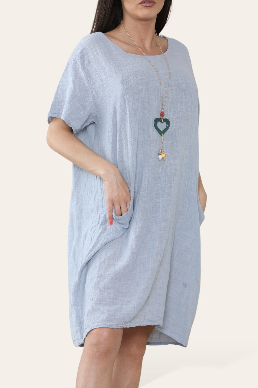 PLAIN TUNIC DRESS WITH POCKETS & NECKLACE GREY