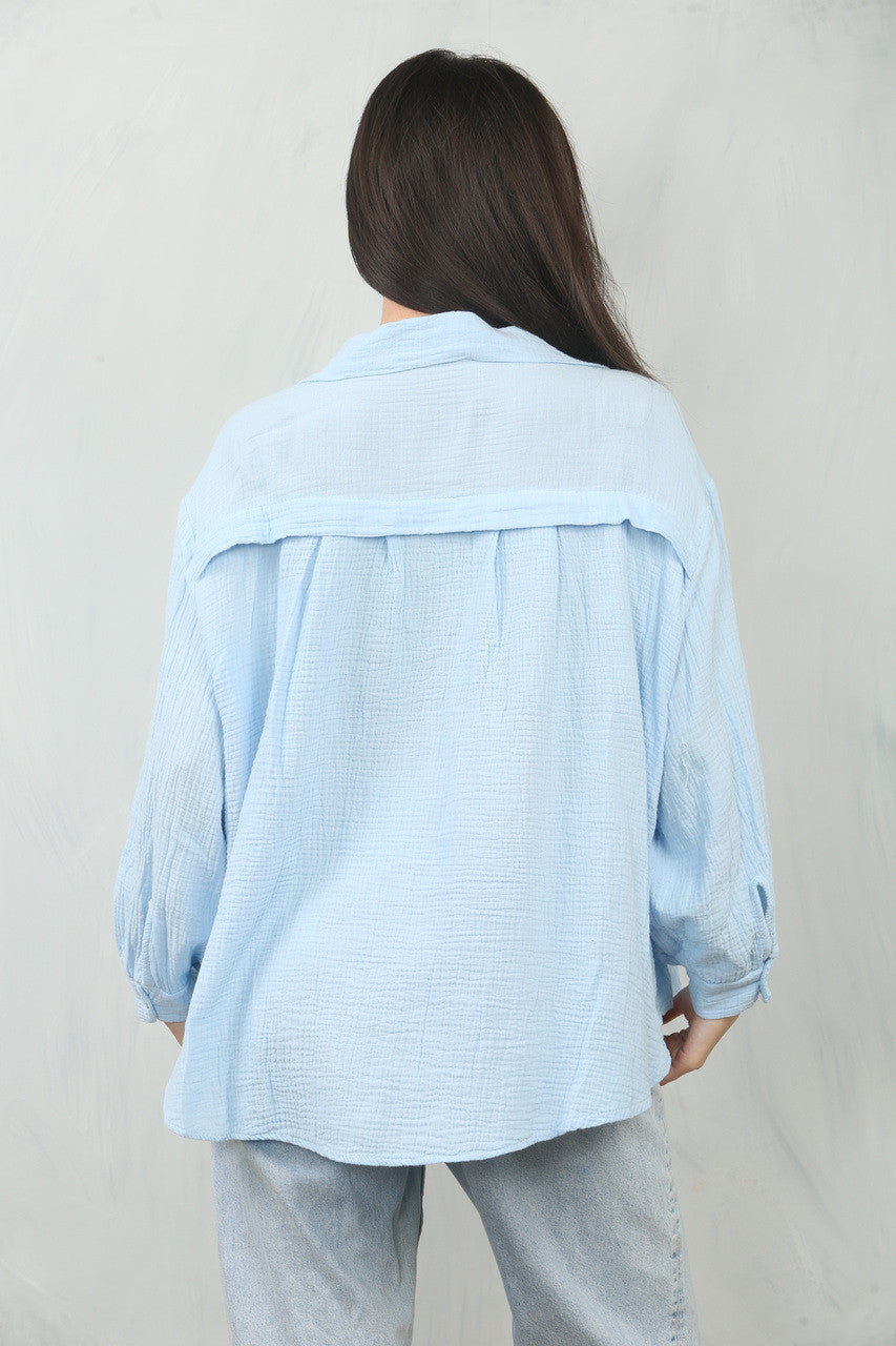 KAASDOEK EFFEN KATOENEN SHIRT TOP - LICHTBLAUW