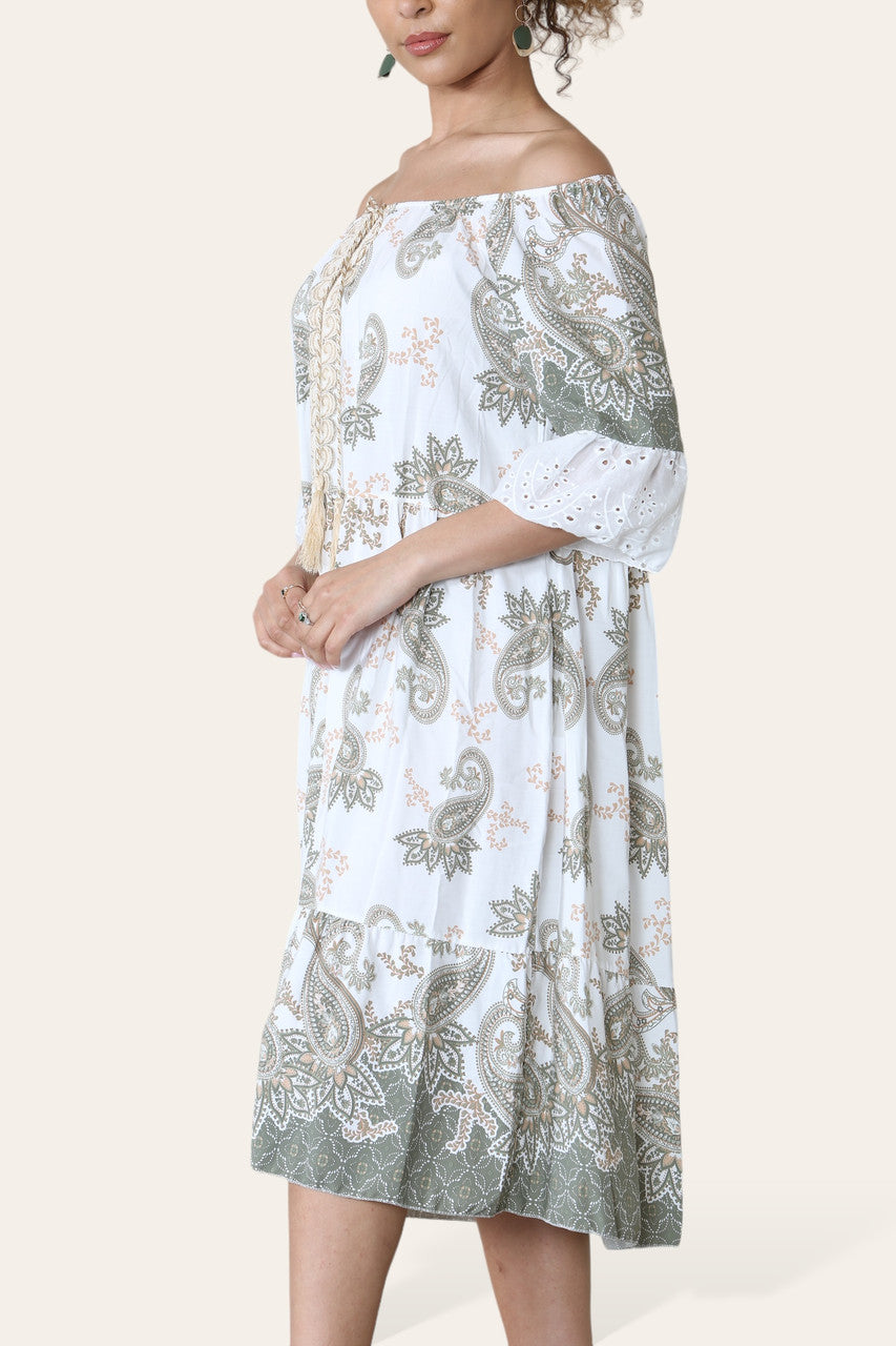 PAISLEY PRINT ANGLAISE SLEEVE BARDOT DRESS KHAKI