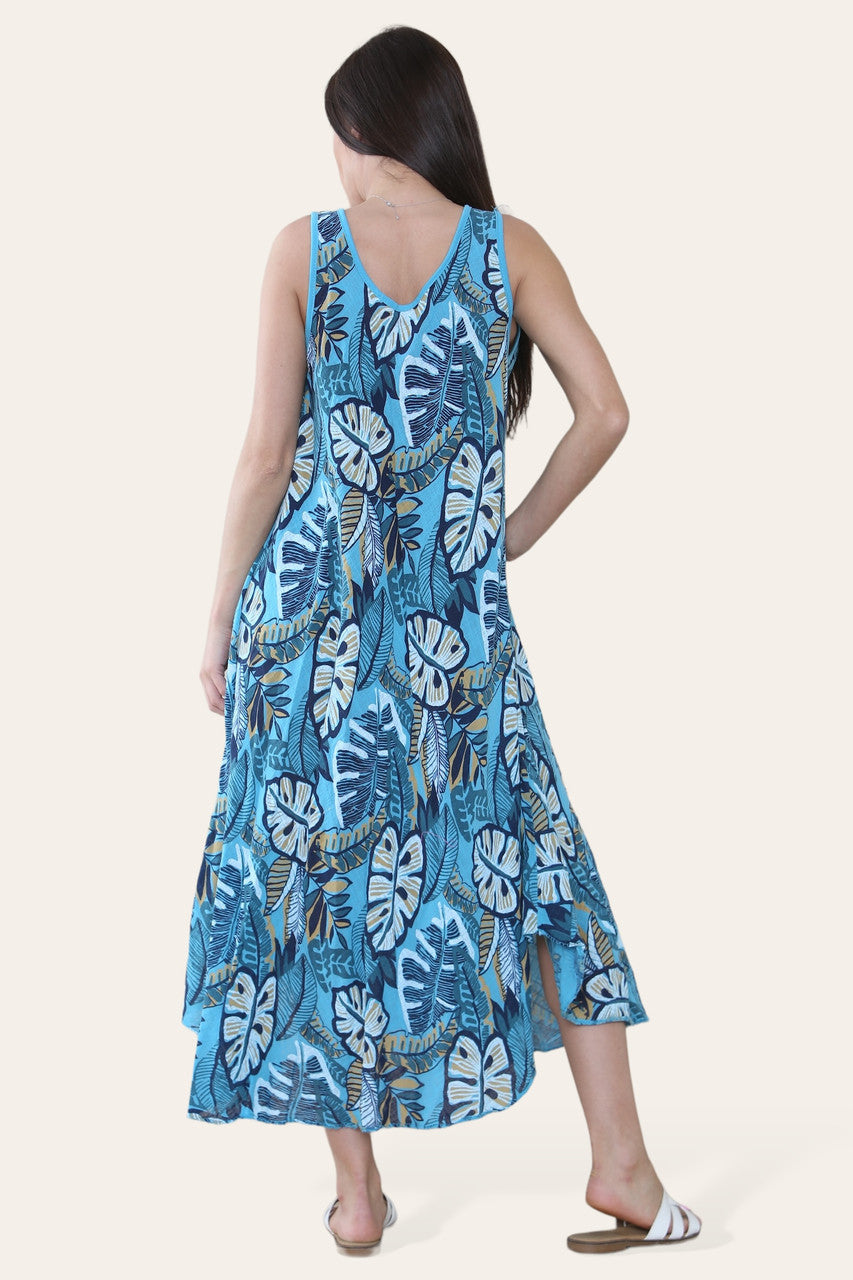 MOUWLOZE JURK MET TROPISCHE BLADPRINT TURKOOIS