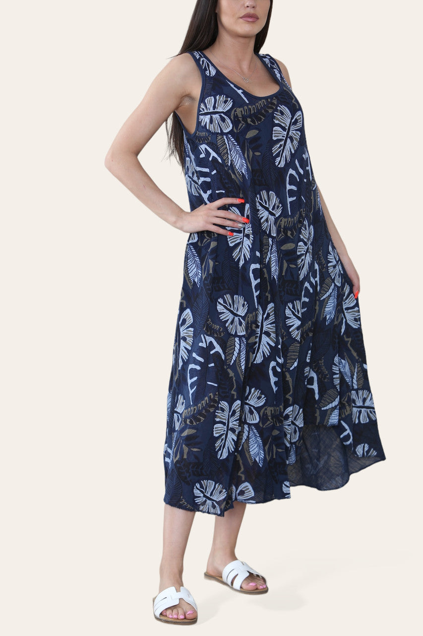 MOUWLOZE JURK MET TROPISCHE BLADERENPRINT MARINEBLAUW
