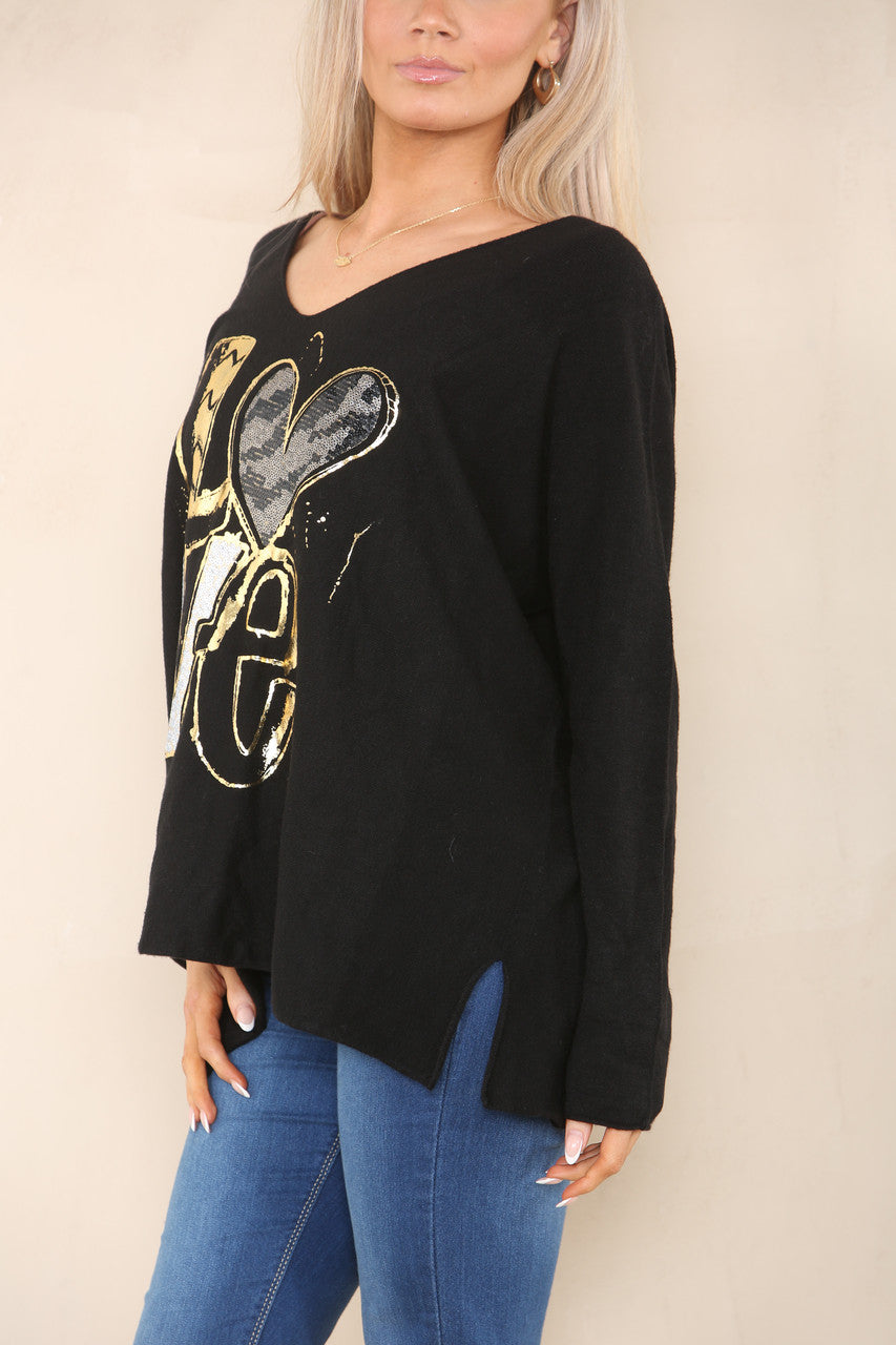 SEQUIN FOIL LOVE KNIT JUMPER BLACK