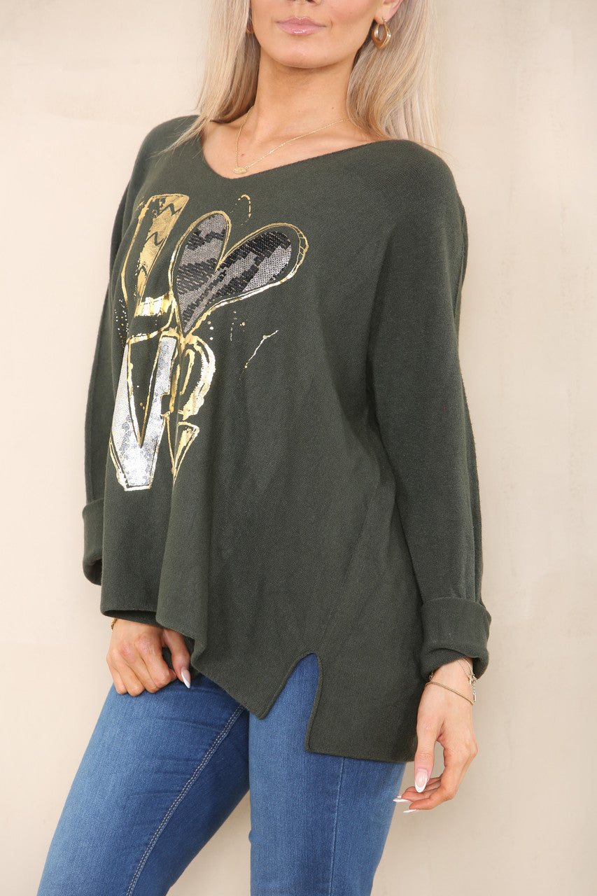 SEQUIN FOIL LOVE KNIT JUMPER KHAKI