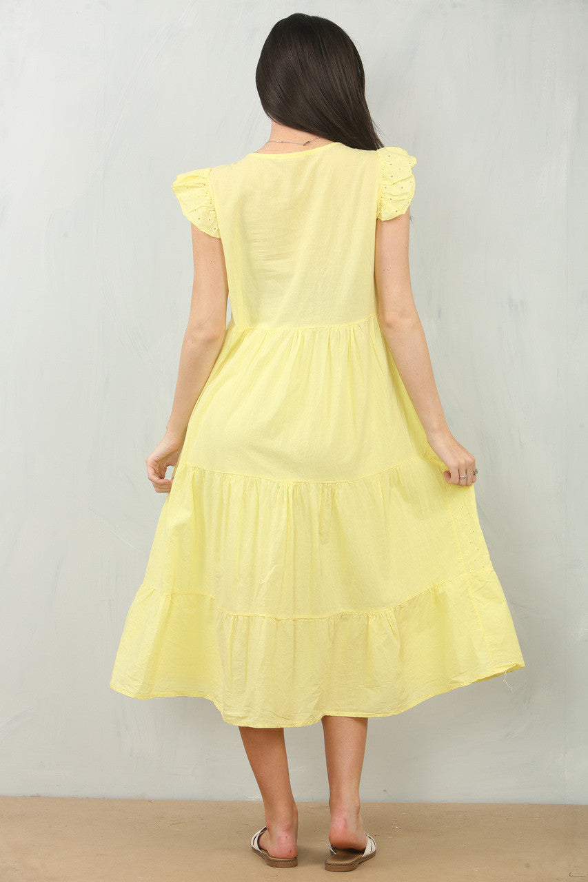 BRODERIE ANGLAISE CAP SLEEVE COTTON DRESS - LEMON